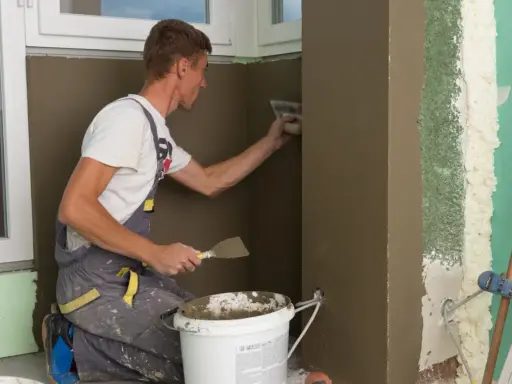 Budowlaniec tynkuje krzywą ścianę w przedpokoju.