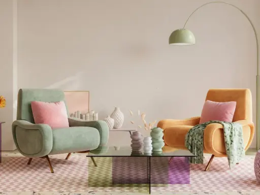 Przytulny salon z dwoma fotelami w pastelowe barwy, stolikiem kawowym i słonecznikami.