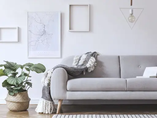 Przytulny salon z szarą kanapą, ozdobioną narzutą. Na ścianie mapa Sydney i geometryczna lampa.