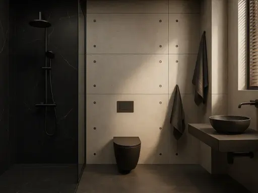 Nowoczesna łazienka z prysznicem i czarną ścianą w tle. Betonowe panele, czarna toaleta i umywalka tworzą minimalistyczny design.