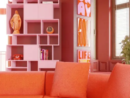 Pomarańczowa kanapa i różowe regały tworzą radosny, **dopamine decor**. Na półce figurka, telefon i zegar. Obok plakaty z napisami.