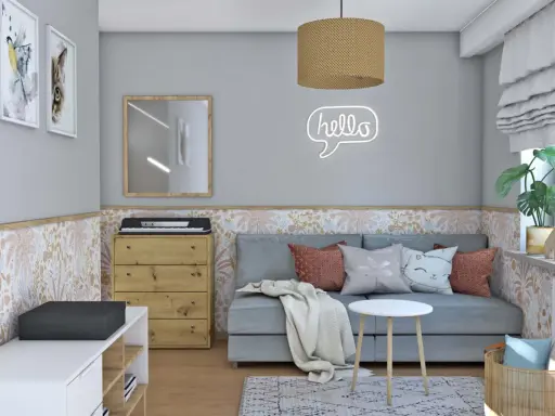 Przytulny pokój 5 latki z kanapą, pianinem i ozdobną tapetą. Neonowe "hello" dodaje uroku.