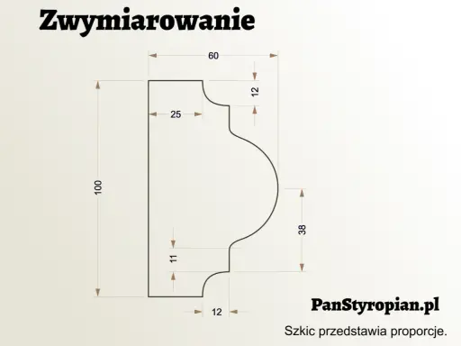 Sztukateria wymiary: rysunek profilu z wymiarami 100, 60, 38, 25, 12, 11.