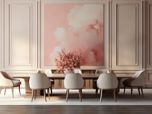 Elegancka jadalnia z subtelną sztukaterią i tapetą w pastelowych kolorach. W centrum stół z krzesłami, nad nim obraz z różowymi chmurami.