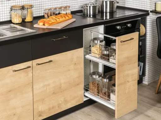 Słoiki z makaronem, fasolą i innymi produktami spożywczymi w wysuwanej szafce to świetny pomysł, co postawić na szafkach w kuchni.