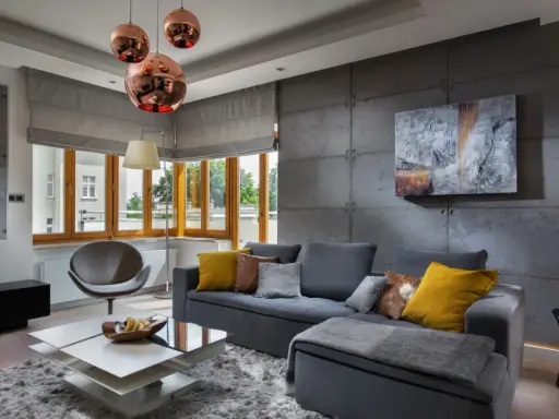 Nowoczesny salon z betonową ścianą. Inspiracje dla odważnych: szara sofa, miedziane lampy i geometryczne meble tworzą industrialny klimat.