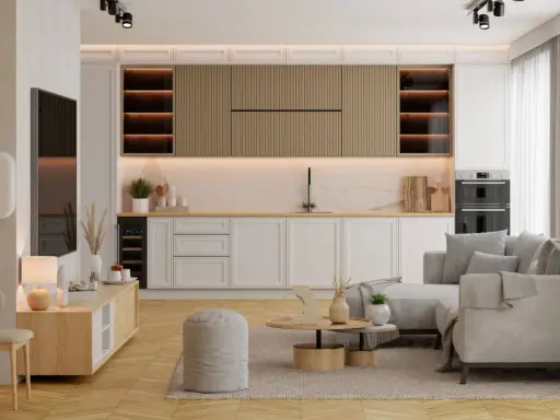 Jak urządzić salon 25m2: jasne meble, kuchnia otwarta na salon, wygodna sofa i stolik kawowy.