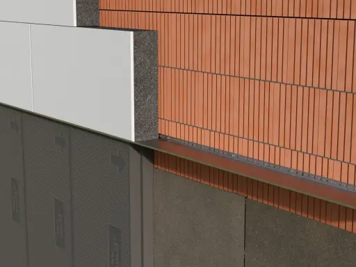 Warstwa styropianu przyklejona do ściany wewnętrznej, widoczny system ocieplenia z cegłą klinkierową i elementami montażowymi.