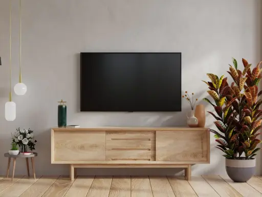 Nowoczesne aranżacje salonu z telewizorem na ścianie. Drewniana szafka RTV, lampa podłogowa i ozdobna roślina tworzą przytulną atmosferę.