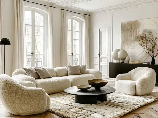 Przytulny, **modern classic salon** z puszystymi meblami, okrągłym stolikiem i sztuką abstrakcyjną.