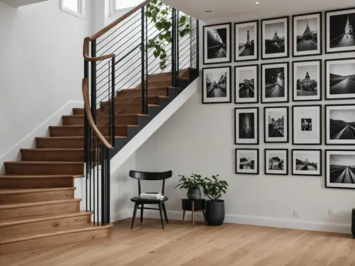Nowoczesna ściana przy schodach inspiracje: galeria czarno-białych zdjęć architektonicznych i krajobrazowych, drewniane schody, czarne balustrady i krzesło.