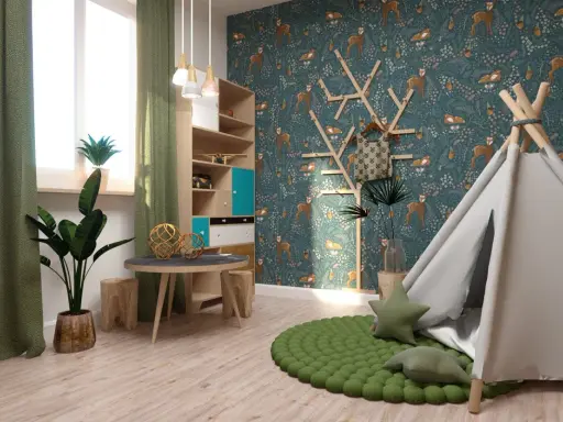 Pokój dziecka z motywem lasu: tapeta z sarenkami, tipi, regał i zielony dywanik.