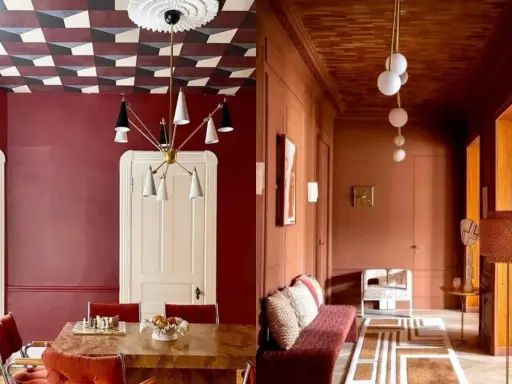 Ozdoba sufitu w jadalni z geometrycznym wzorem i nowoczesny żyrandol. Korytarz z drewnianym sufitem i minimalistycznymi lampami.
