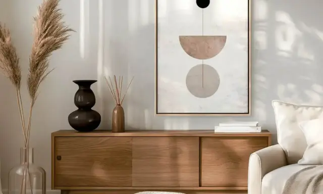 Nowoczesna tapeta z ornamentem geometrycznym w stonowanych barwach, idealnie komponuje się z drewnianą komodą i dekoracjami.
