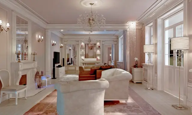 Elegancki salon w stylu francuskim, pełen blasku kryształowych żyrandoli i pastelowych barw. Inspiracje dla wytwornego wnętrza.