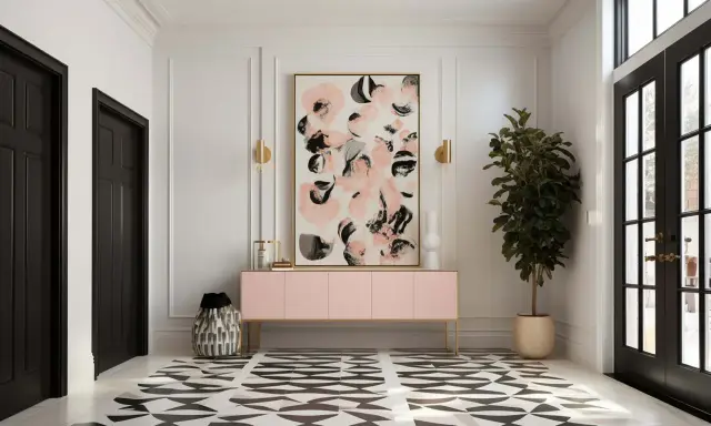 Elegancki hol z czarnymi drzwiami, geometryczną podłogą i abstrakcyjnym obrazem w sztukaterii. Różowa komoda i roślina dodają koloru.