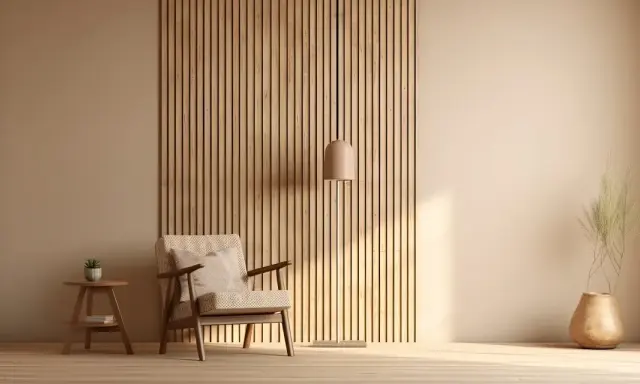 Drewniana ściana z pionowych lameli, fotel, stolik z rośliną i wazon. Inspiracja, jak samemu zrobić lamele.