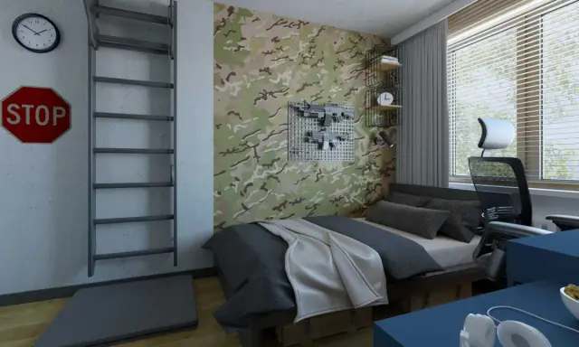 Pokój młodzieżowy z tapetą moro, łóżkiem, biurkiem i dekoracjami w stylu militarnym.