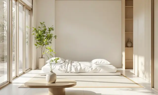 Sypialnia w stylu zen. Niskie łóżko, bambus w wazonie i drewniane meble tworzą oazę spokoju.