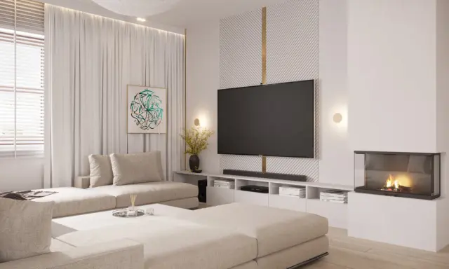 Nowoczesna aranżacja ściany w salonie z telewizorem, kominkiem i wygodną kanapą.