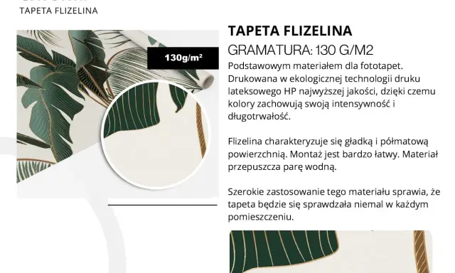 Tapeta flizelinowa z motywem liści monstery, gramatura 130g/m². To jeden z rodzajów tapet, idealny do każdego pomieszczenia.