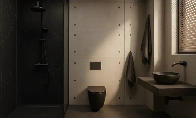 Nowoczesna łazienka z prysznicem i czarną ścianą w tle. Betonowe panele, czarna toaleta i umywalka tworzą minimalistyczny design.