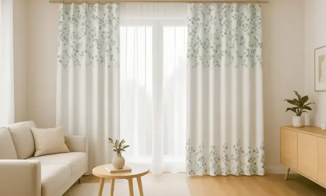 Jasne, oto propozycja:

Eleganckie zasłony na całą ścianę z subtelnym wzorem liści eukaliptusa dodają wnętrzu lekkości i naturalnego uroku.