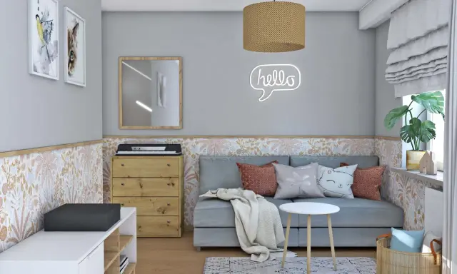 Przytulny pokój 5 latki z kanapą, pianinem i ozdobną tapetą. Neonowe "hello" dodaje uroku.
