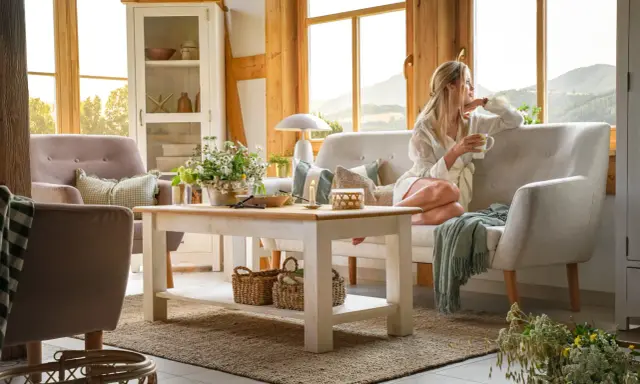 Przytulny salon w wiejskim stylu z kobietą pijącą kawę i podziwiającą widok.