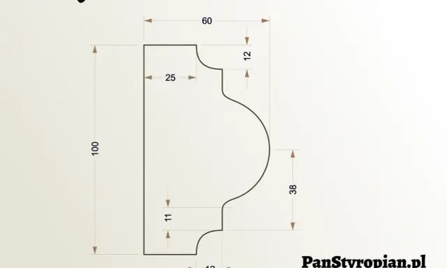 Sztukateria wymiary: rysunek profilu z wymiarami 100, 60, 38, 25, 12, 11.