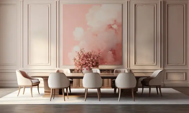 Elegancka jadalnia z subtelną sztukaterią i tapetą w pastelowych kolorach. W centrum stół z krzesłami, nad nim obraz z różowymi chmurami.