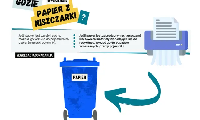 Gdzie wyrzucić papier z niszczarki? Czysty do niebieskiego pojemnika na papier, zabrudzony do odpadów zmieszanych.