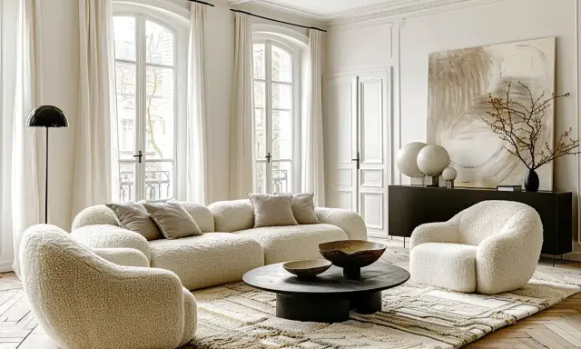 Przytulny, **modern classic salon** z puszystymi meblami, okrągłym stolikiem i sztuką abstrakcyjną.
