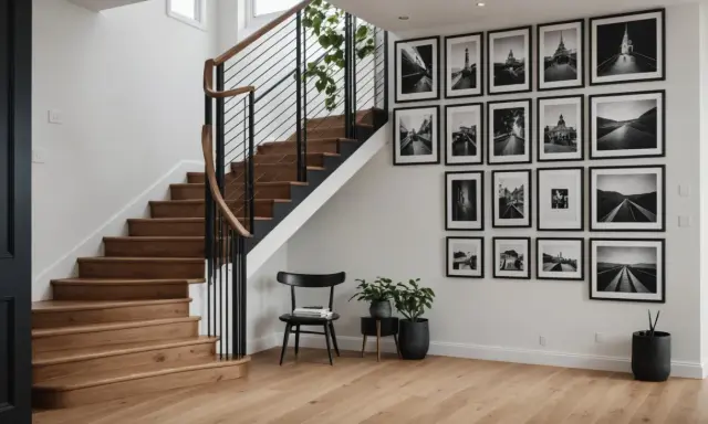 Nowoczesna ściana przy schodach inspiracje: galeria czarno-białych zdjęć architektonicznych i krajobrazowych, drewniane schody, czarne balustrady i krzesło.