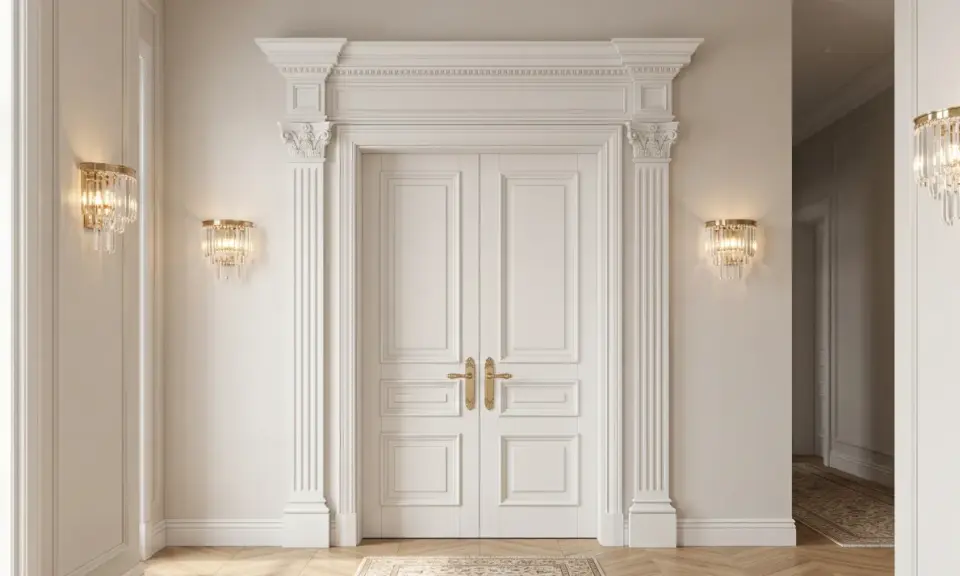 Elegancka sztukateria w sypialni zdobi dwuskrzydłowe drzwi, podkreślając klasyczny styl wnętrza.