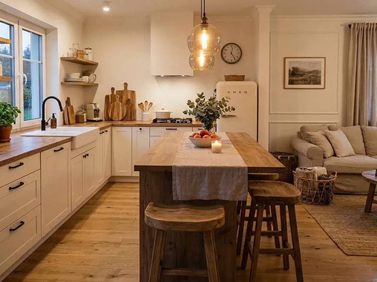 Przytulna kuchnia modern farmhouse z drewnianą wyspą, białymi meblami i ciepłym oświetleniem.