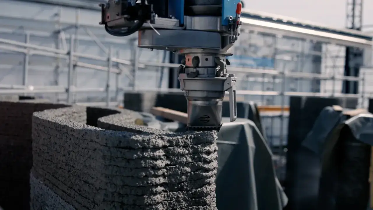 Drukarka 3D ekstruduje beton, tworząc faliste ściany. To właśnie ekstrudowany materiał buduje konstrukcję.
