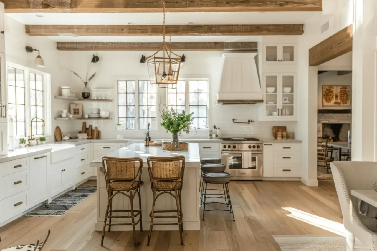 Jasna kuchnia modern farmhouse z drewnianymi belkami na suficie, wyspą z hokerami i kamiennym kominkiem w tle.