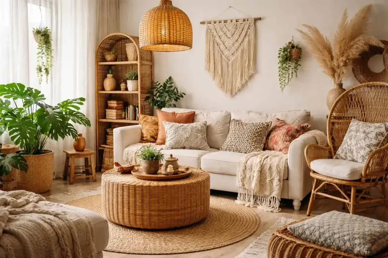 Przytulny salon w stylu boho. Dominują naturalne materiały i odcienie ecru. Wygodna kanapa, rattanowy stolik i wiklinowe meble tworzą ciepłą atmosferę.