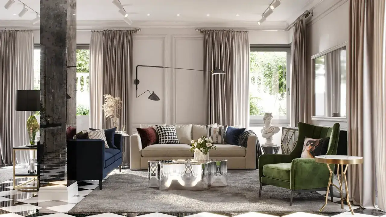 Elegancki, modern classic salon z granatową sofą, zielonym fotelem i lustrzanym stolikiem.