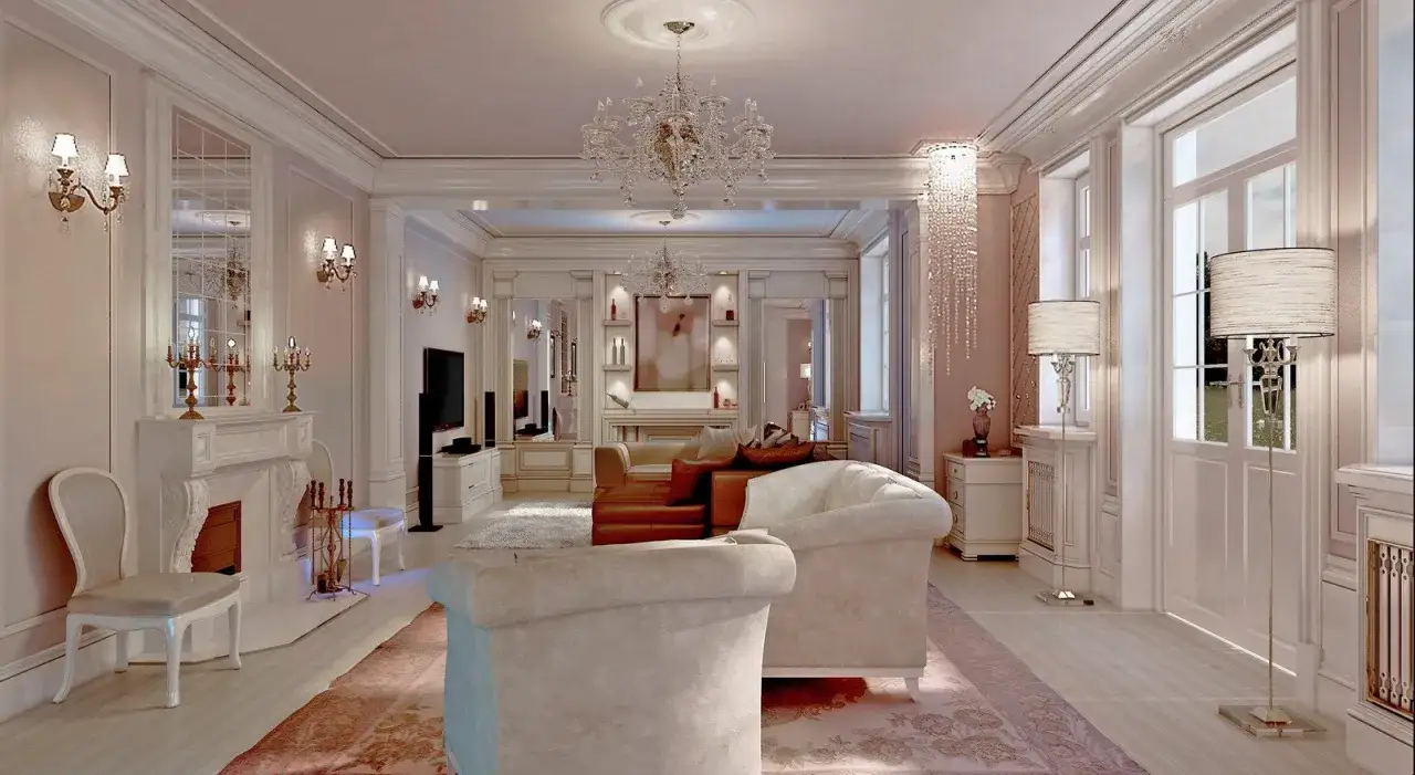 Elegancki salon w stylu paryskim z kryształowymi żyrandolami, kominkiem i wygodnymi sofami.