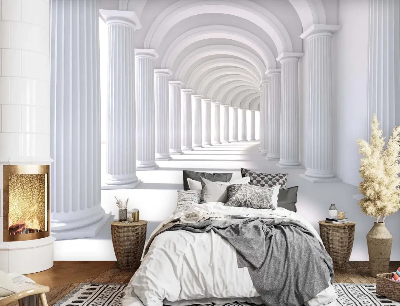 Biała, klasyczna architektura z kolumnami tworzy iluzję głębi, idealna na najlepsze fototapety do sypialni.