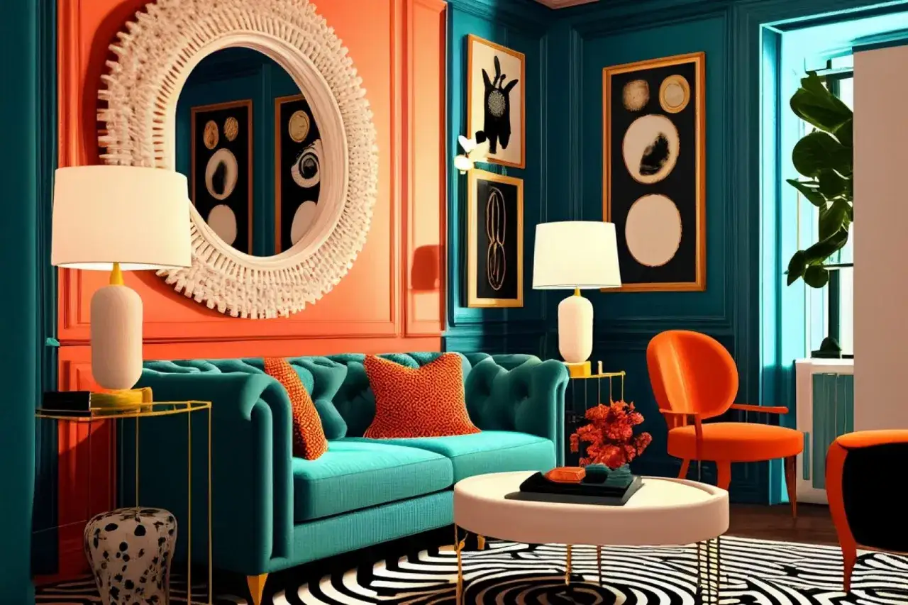 Salon w stylu dopamine decor: turkusowa kanapa, pomarańczowe akcenty, lustro i abstrakcyjne obrazy tworzą radosną atmosferę.