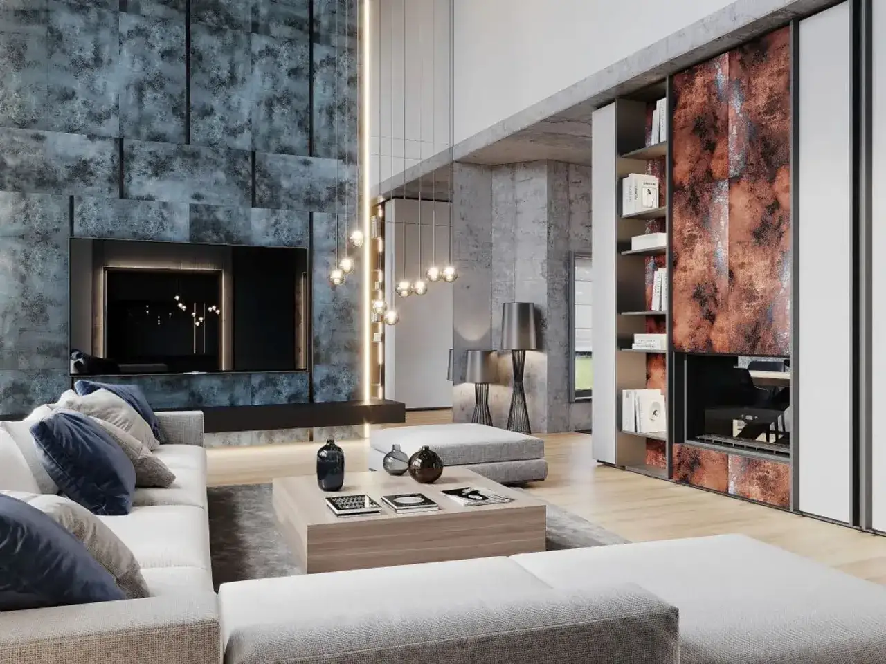 Nowoczesny salon z betonowymi ścianami, miedzianymi akcentami i designerskim oświetleniem.