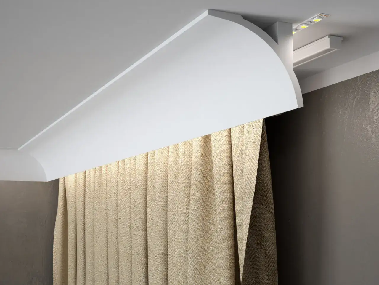 Nowoczesny montaż maskownicy karnisza z ukrytym oświetleniem LED, tworzący elegancką ramę dla zasłon.