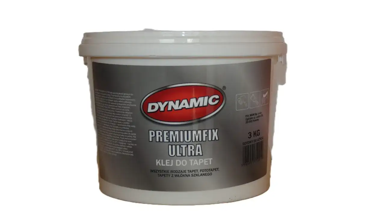 Wiadro z klejem Dynamic Premiumfix Ultra, gotowym do użycia. To doskonały klej do tapet, fototapet i tapet z wł&oacute;kna szklanego.