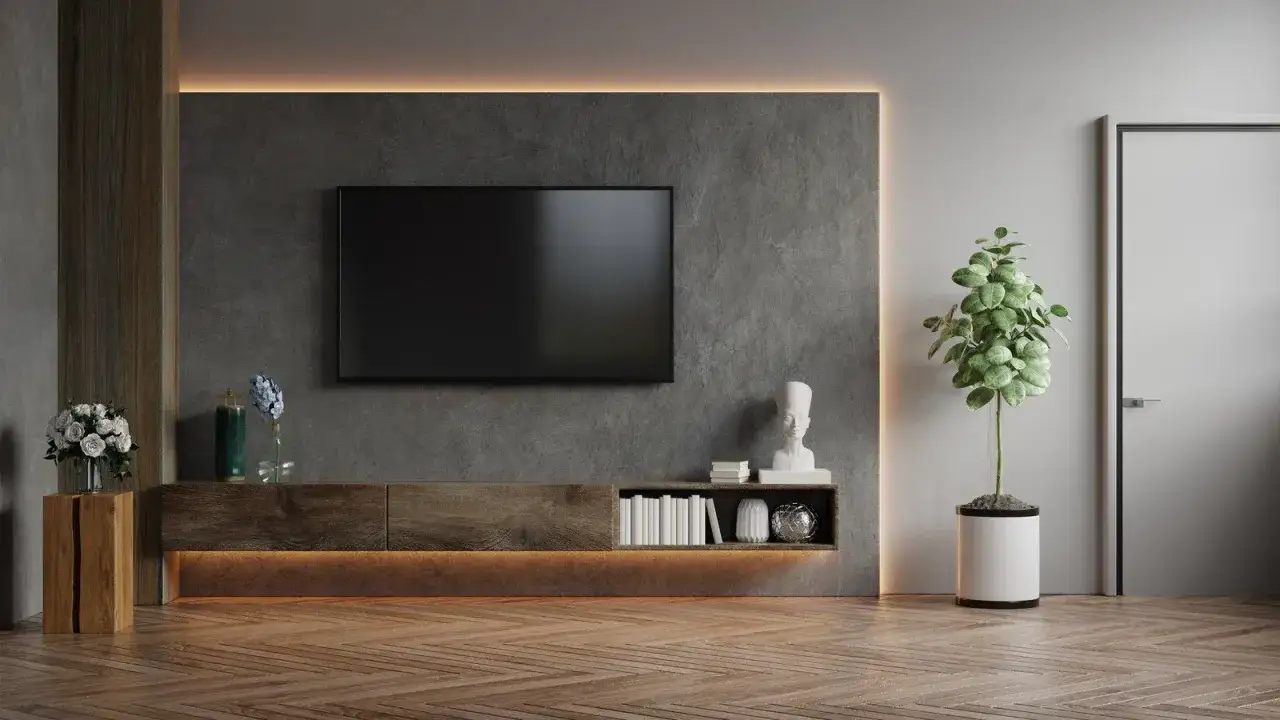 Nowoczesny salon z telewizorem na szarej ścianie, drewnianą szafką RTV i rośliną w donicy.