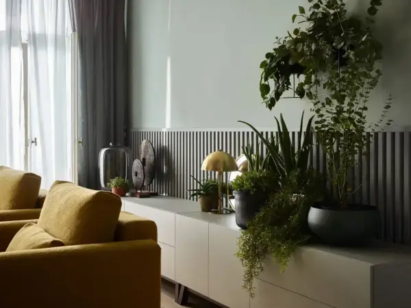 Nowoczesny salon z żółtymi sofami, szarymi zasłonami i mnóstwem zielonych roślin na komodzie.