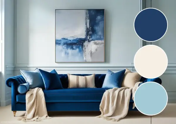 Elegancka sofa w odcieniach niebieskiego, ozdobiona poduszkami i narzutą. Obraz na ścianie dopełnia paletę barw.
